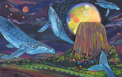 Devil’s Tower with humpback whales surreal artwork by painter Gwenn Seemel