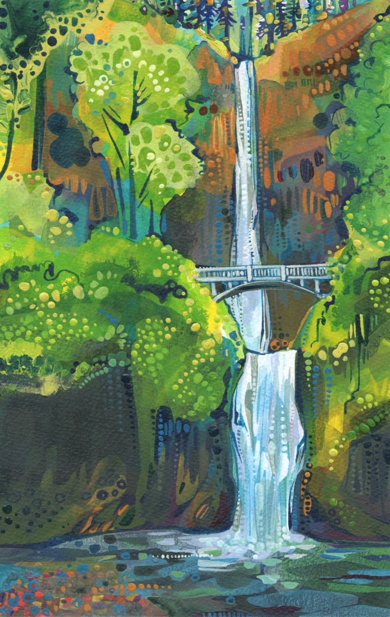 double cascade avec pont dans l’Oregon par l’artiste américaine Gwenn Seemel