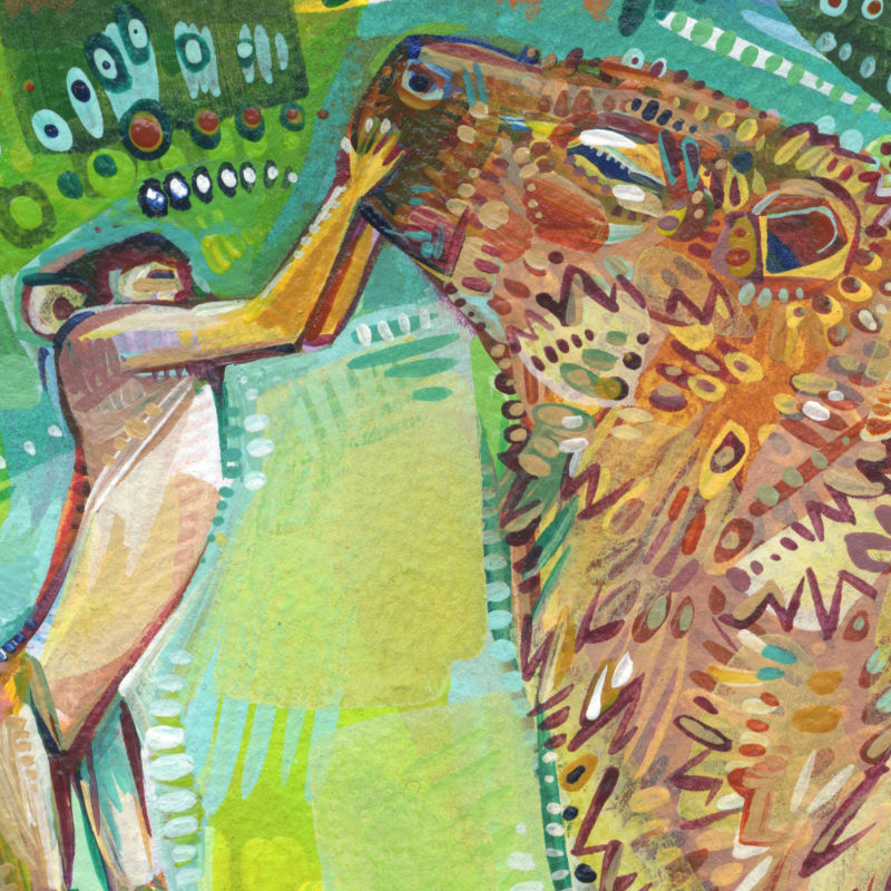 un singe et un capybara, peinture animalière par l’artiste humaniste Gwenn Seemel