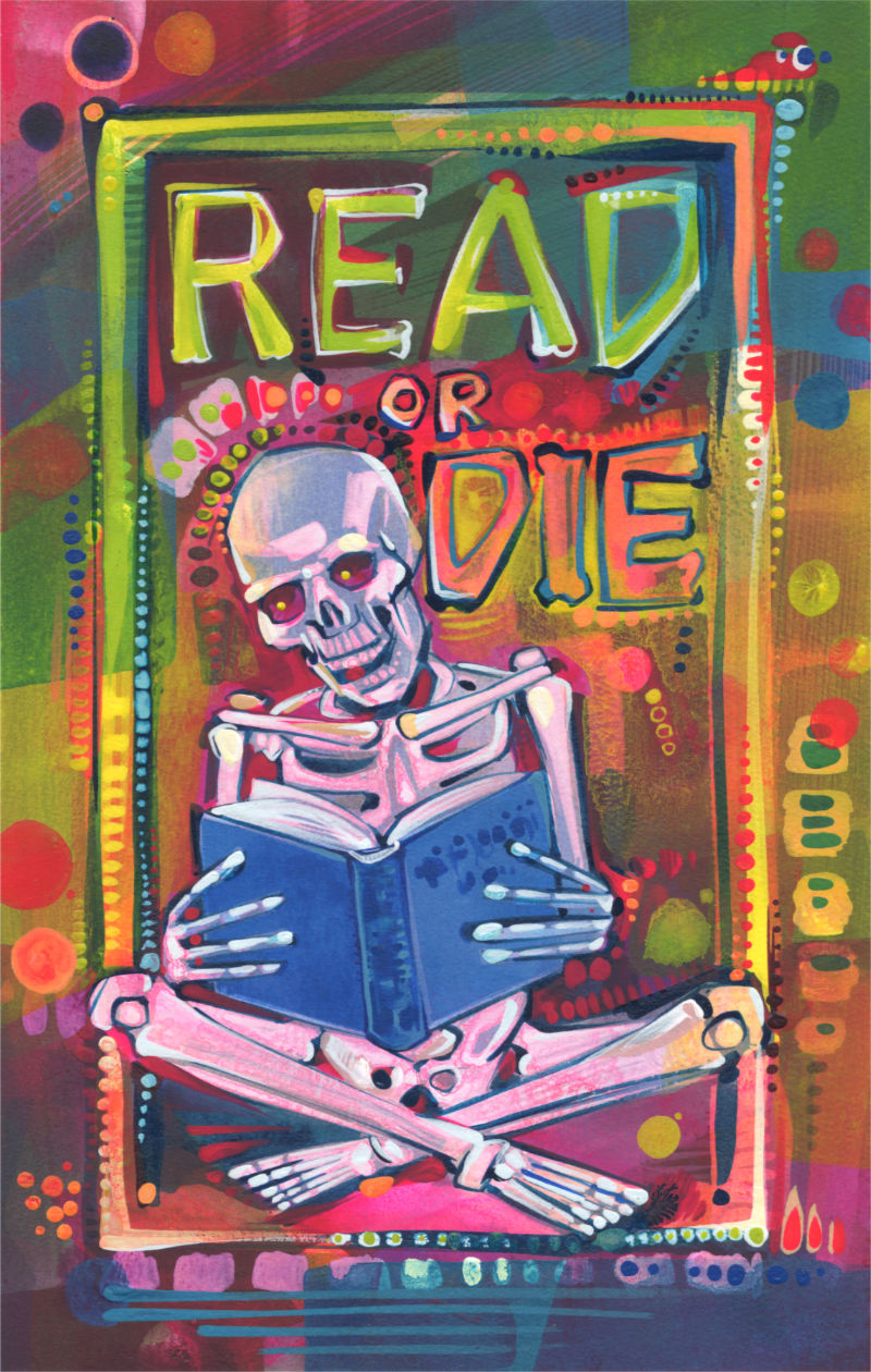 squelette lisant un livre, un jeu de mot avec l’expression “ride or die” et ça veut dire “lis ou meurs”