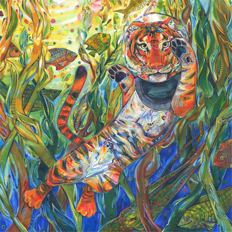 tiger swimming underwater wearing a glass globe helmet surrounded by a seaweed jungle and fish, surreal painting
