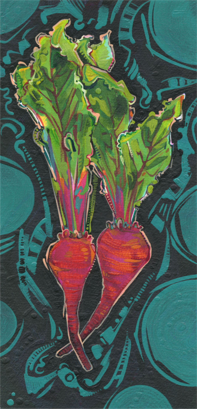 brightly colored beautiful food art showing beet root vegetables and greens, artwork by Gwenn Seemel