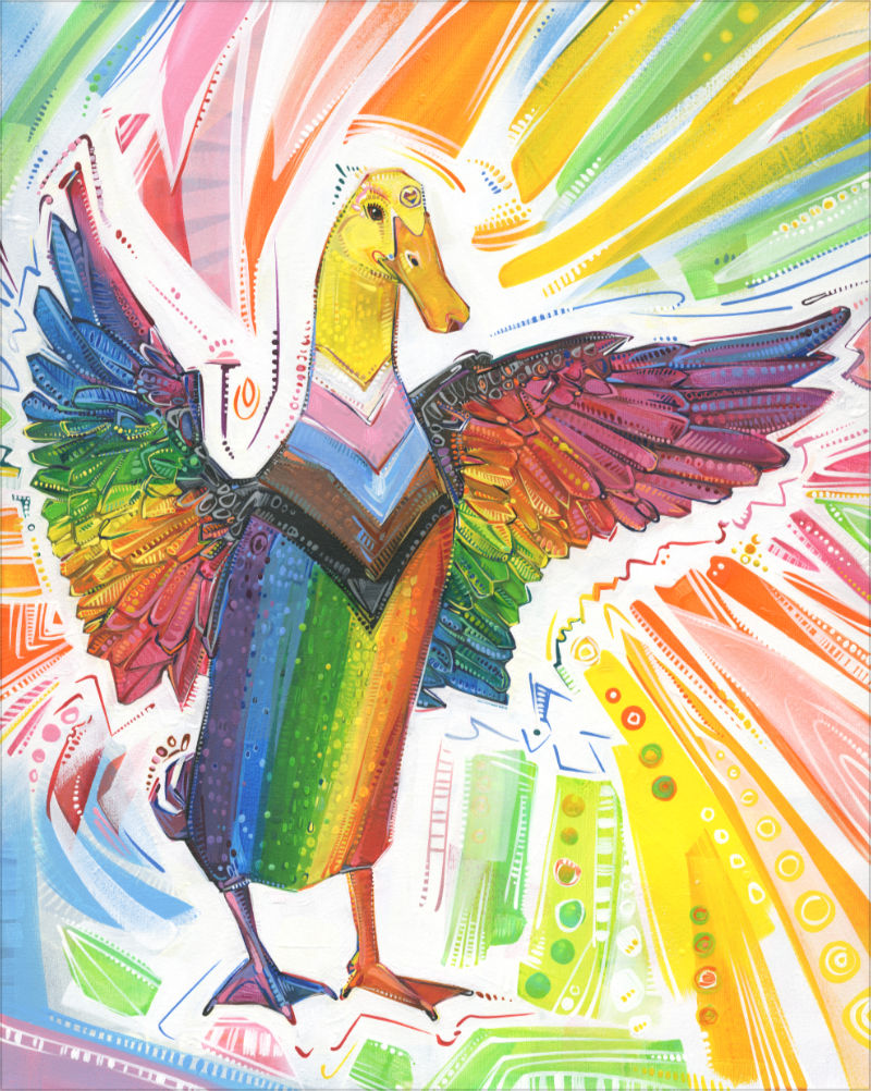 intersex inclusive progress pride flag duck with wings spread, meme illustration by Lambertville artist Gwenn Seemel