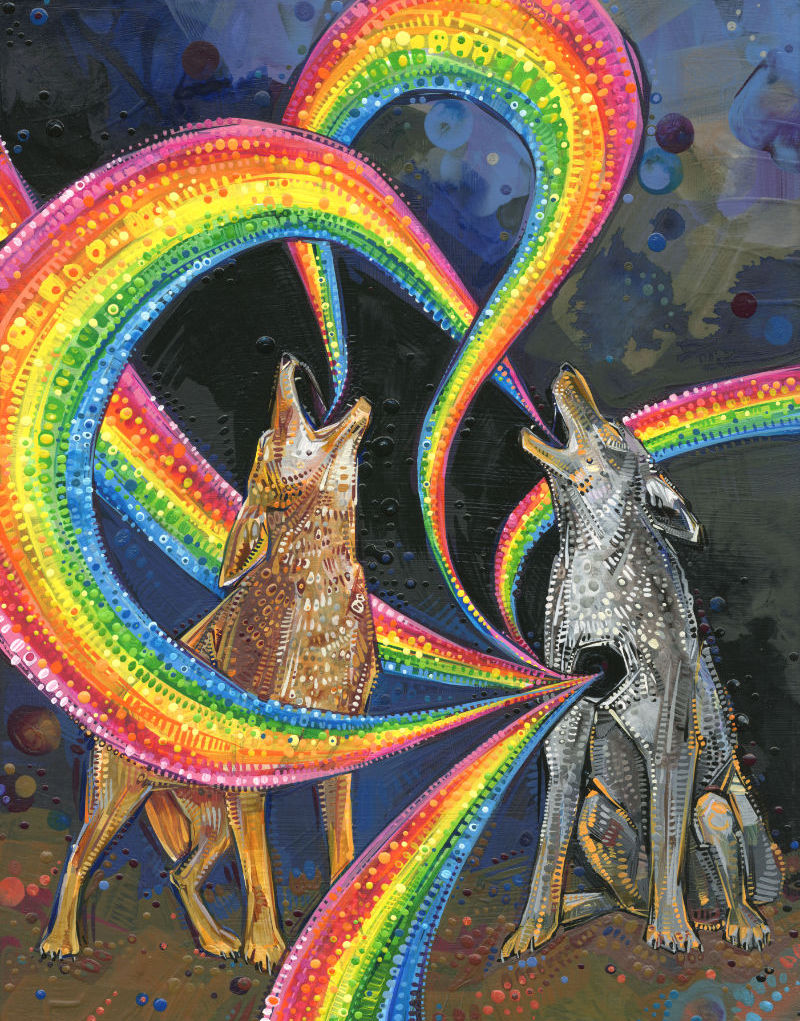 two coyotes singing rainbows, one with a black hole where her heart should be, surrealist art about mental health