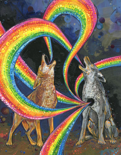 two coyotes singing rainbows, one with a black hole where her heart should be