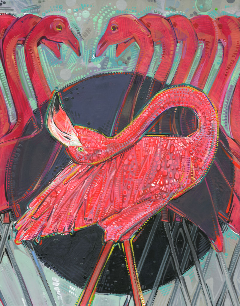 pink plastic flamingos surrounding a tired real flamingo, surrealist art by Gwenn Seemel