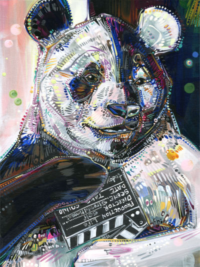 a black-and-white panda that’s half white-and-black holding a clapperboard upside, art about all-or-nothing thinking