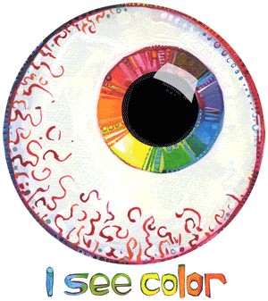 GIF de globe oculaire avec un iris arc-en-ciel, “je vois de les couleurs” animation