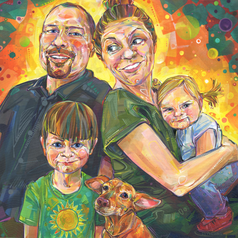 acrylic painting fine art portrait of a family and their dog, artwork by Lambertville artist Gwenn Seemel