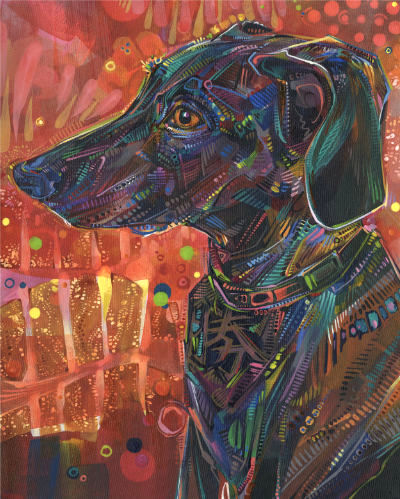 colorful acrylic painting of a black dog by Gwenn Seemel