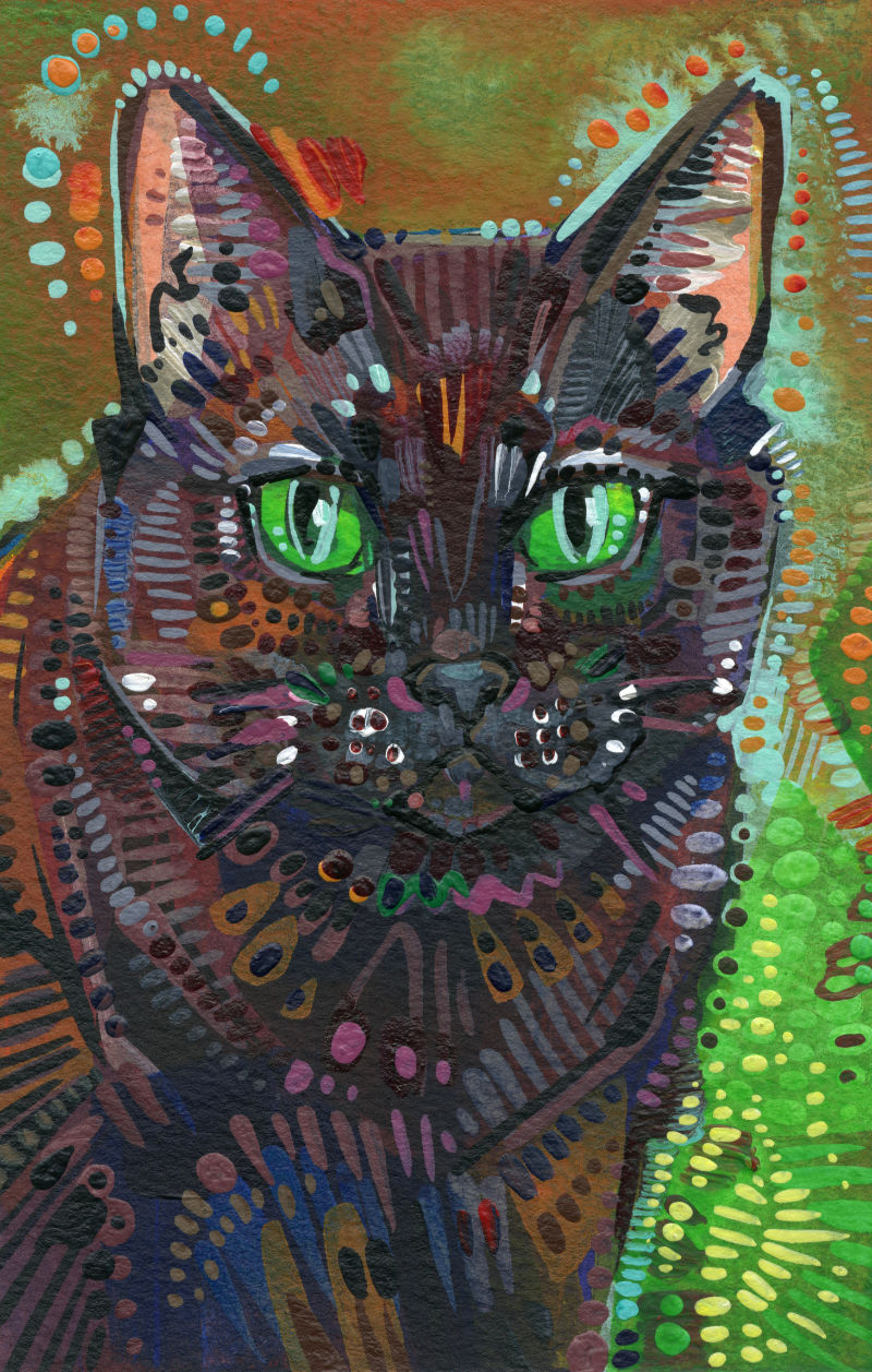 acrylic painting of a black cat, illustration by pet artist Gwenn Seemel