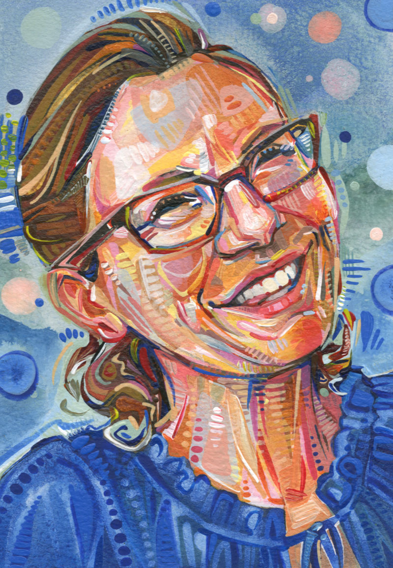 brown-haired woman with glasses giggling with her head thrown back, painted in acrylic on paper by Gwenn Seemel with dynamic brushstrokes
