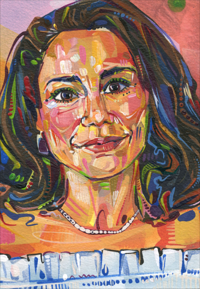 beautiful latinx woman with wavy dark brown hair, painted in acrylic on paper by Gwenn Seemel with dynamic brushstrokes