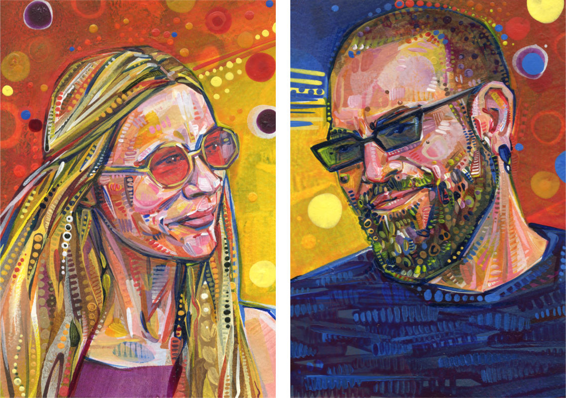a pair of portraits, diptych depicting a long-haired woman wearing pink glasses and a non-binary person wearing sunglasses looking at each other