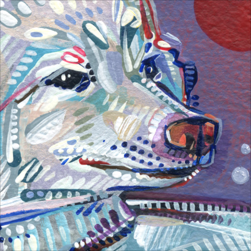 détail d’une peinture à l’acrylique d’une chienne blanche, par Gwenn Seemel