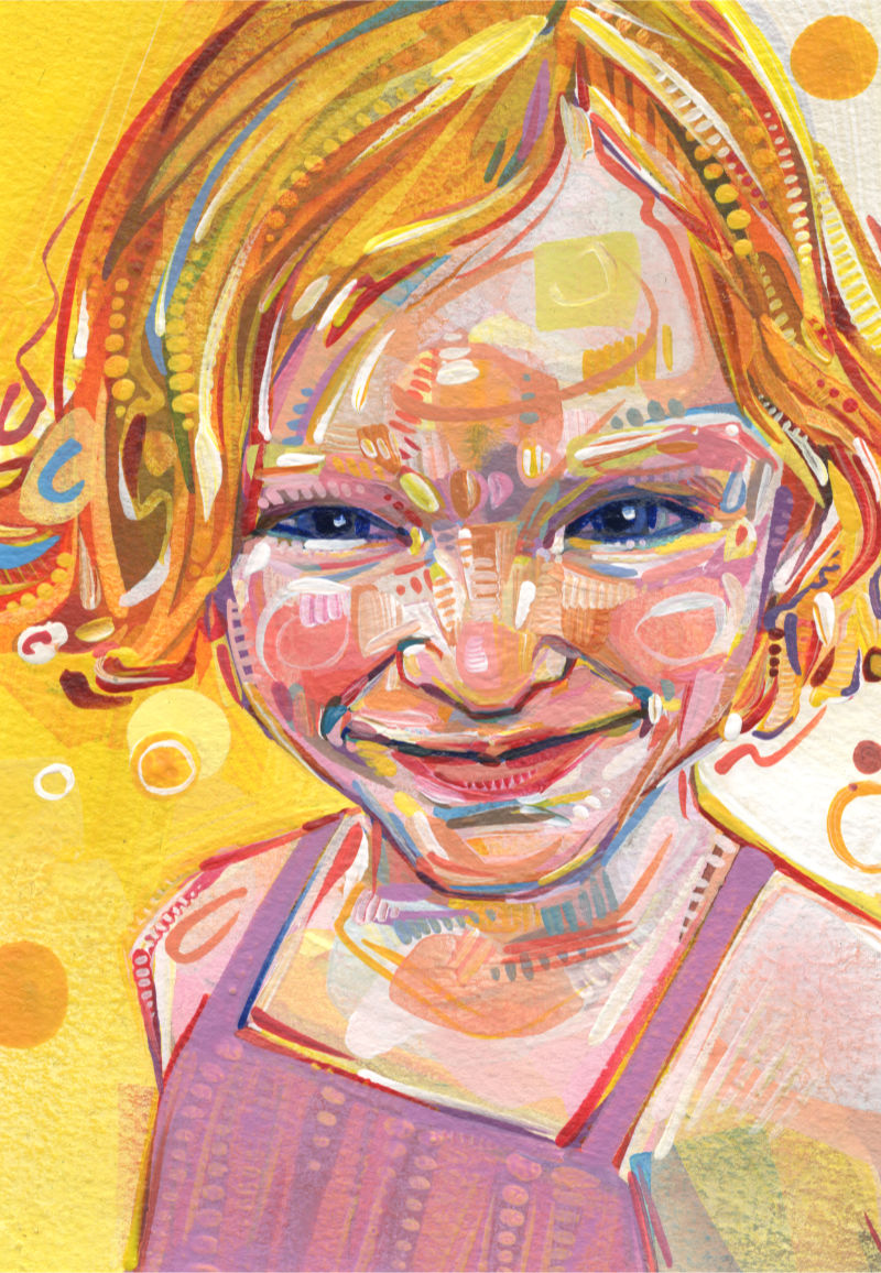 acrylic painting of a little white girl with red blonde hair and a mischievious smile, painted by Gwenn Seemel with dynamic brushstrokes
