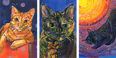 ginger cat, tortoise shell cat, and black cat, portraits by Lambertville artist Gwenn Seemel