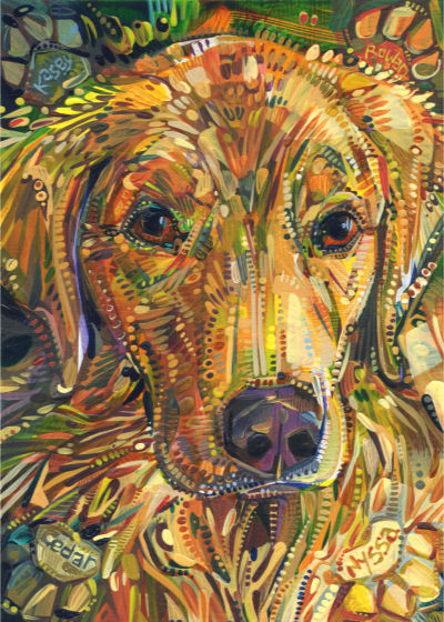 portrait de chien golden retriever peint à l’acrylique