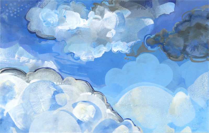 blue sky and cumulus clouds, illustration in acrylic on paper by New Jersey artist Gwenn Seemel