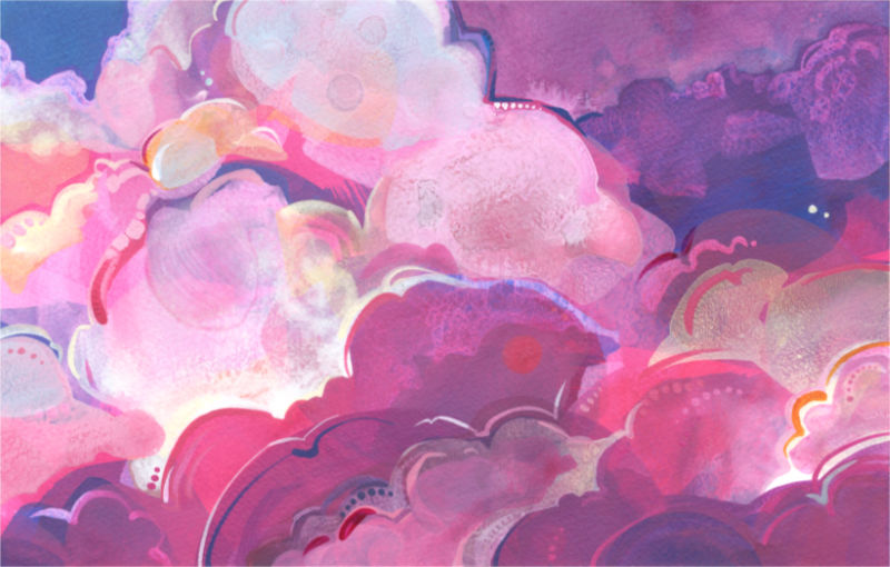 pink cumulus clouds, illustration in acrylic on paper by LGBTQ artist Gwenn Seemel