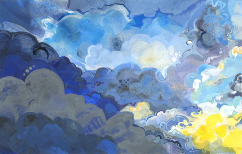 layers of cumulus clouds, illustration in acrylic on paper by Lambertville artist Gwenn Seemel