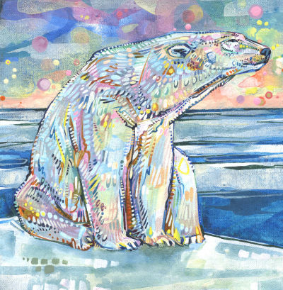 painting of a white bear sitting on an ice floe, polar bear artwork in acrylic on canvas