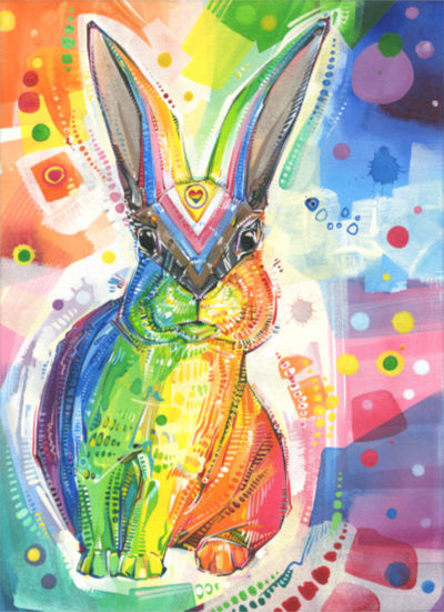 rainbow queer rabbit painting, buy art by Lambertville artist Gwenn Seemel