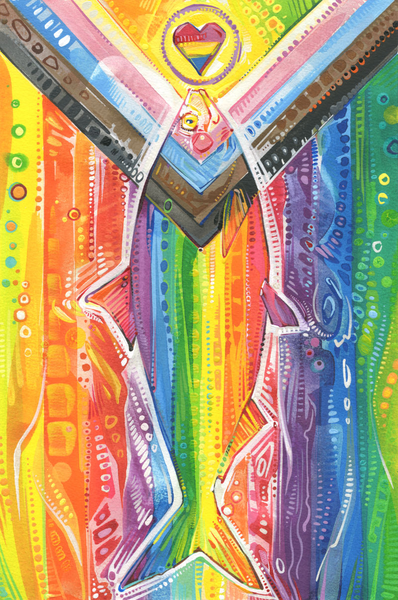 intersex inclusive progress pride flag fish with pansexual flag heart, meme illustration by Lambertville artist Gwenn Seemel