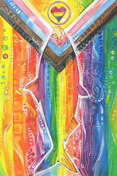 intersex inclusive progress pride flag fish for Shad Fest by Lambertville artist Gwenn Seemel