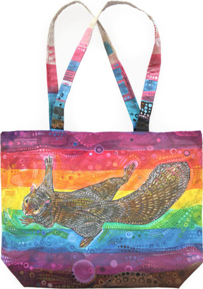 squirrel clinging to a rainbow painted by Lambertville artist Gwenn Seemel