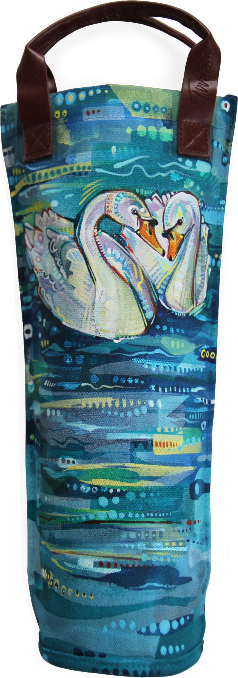 pair of white swans, sweet moment between two birds, love illustration on a wine bottle carrier