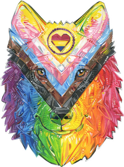 drapeau de fierté inclusif en forme de loup, illustration par Gwenn Seemel