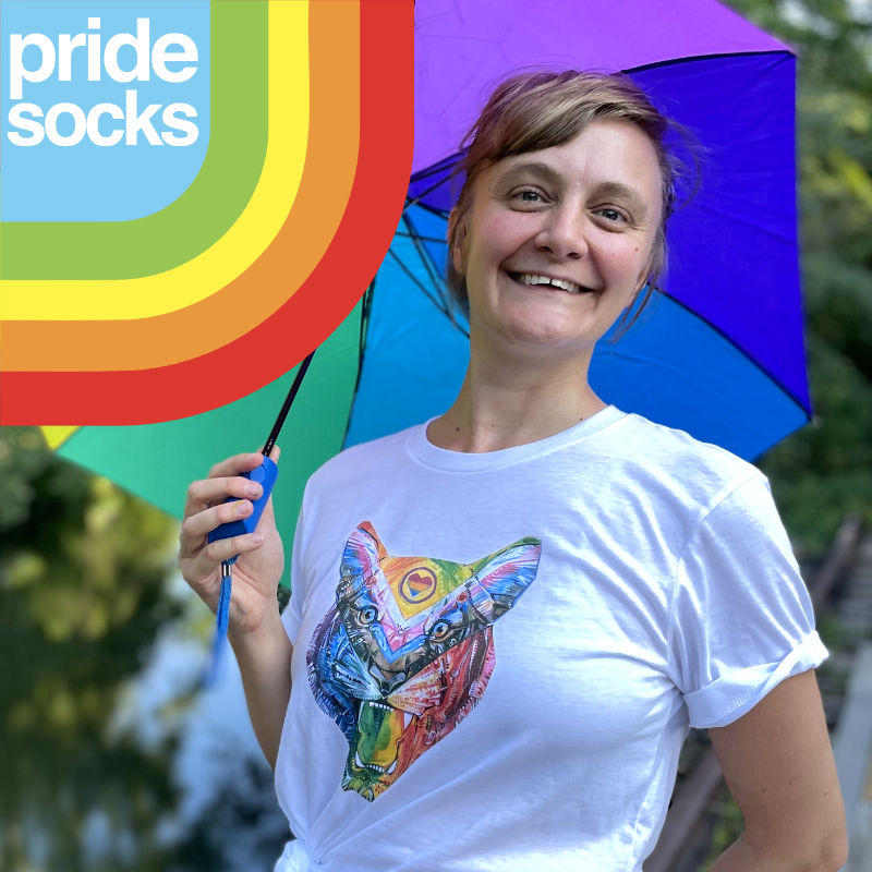 Gwenn Seemel’s painting of an LGBTQ tiger on a Pride Socks t-shirt