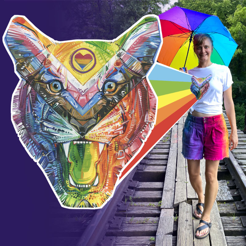 la peinture de Gwenn Semel d’un tigre LGBTQ sur un t-shirt Pride Socks