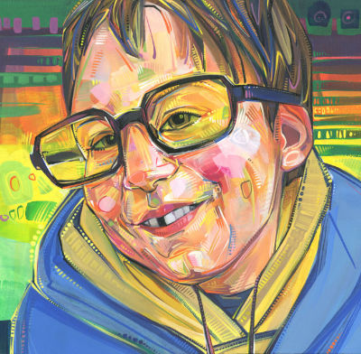 peinture d&rsquo;un petit gar&ccedil;on portant des lunettes jaunes