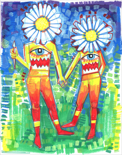 two figures with daisies for faces, eyes on their chests, and gaping mouthes for bellies, by feminist artist Gwenn Seemel
