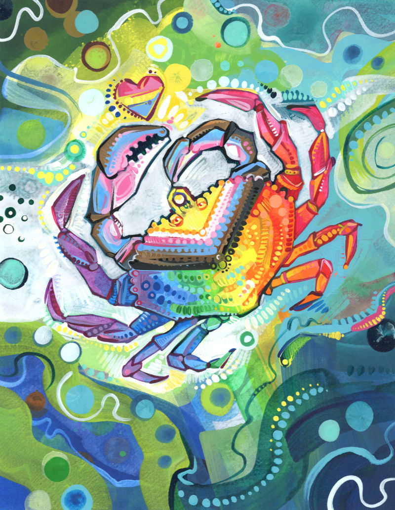 Progress Pride flag crab by nonbinary artist Gwenn Seemel