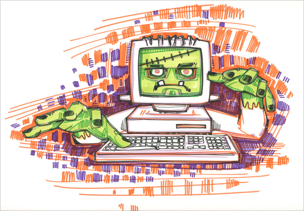 drawing of a Frankenstein computer by artist Gwenn Seemel