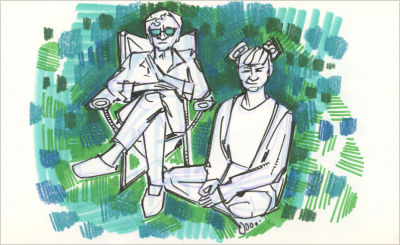 marker and colored pencil on paper drawing of an adult mother and child