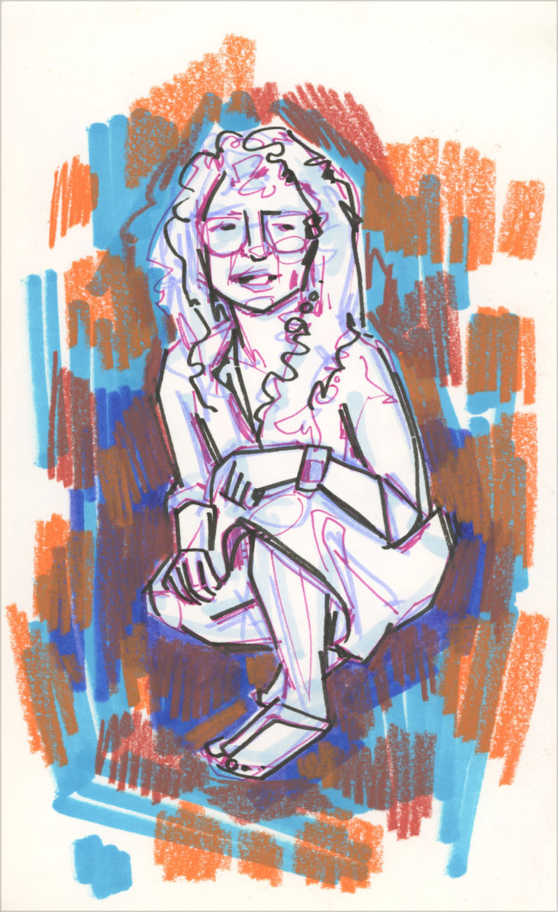 dessin en marqueur et crayon de couleur sur papier montrant une femme qui adjustant sa sandale