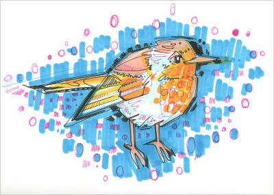 dessin en marqueurs sur papier d’un petit oiseau en marron et bleu, par Gwenn Seemel