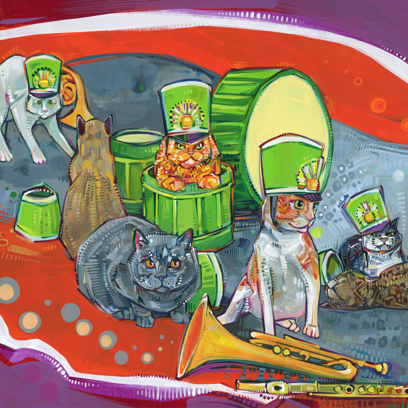cats in a marching band, not paying attention