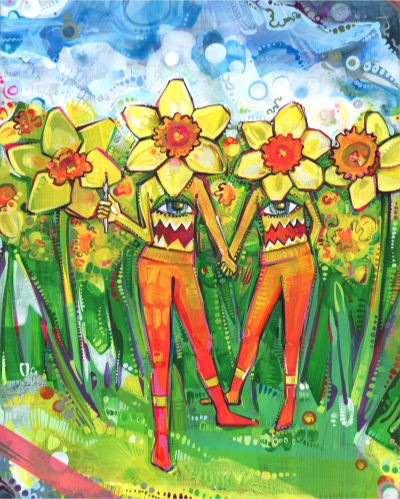 a field of daffodils, but two of the flowers are monstrous figures hiding amongst the blossoms, surreal art
