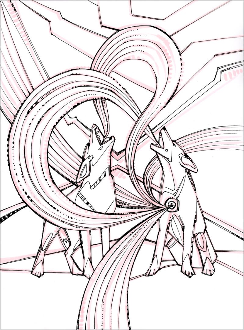 a surrealist line drawing of two coyotes singing rainbows
