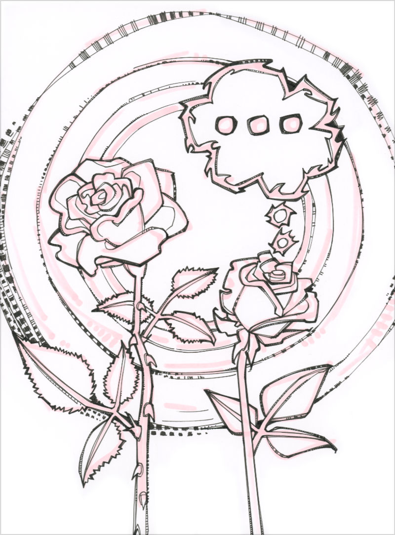 a surrealist line drawing of a rose with a thorny thought bubble