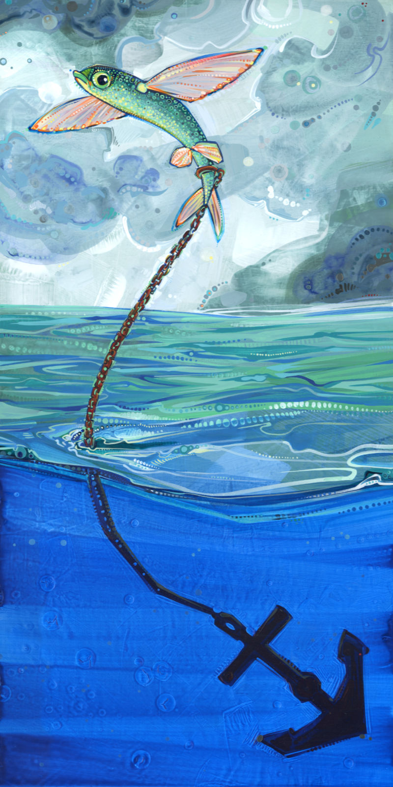 flying fish weighed down by an anchor, surrealist art by Gwenn Seemel