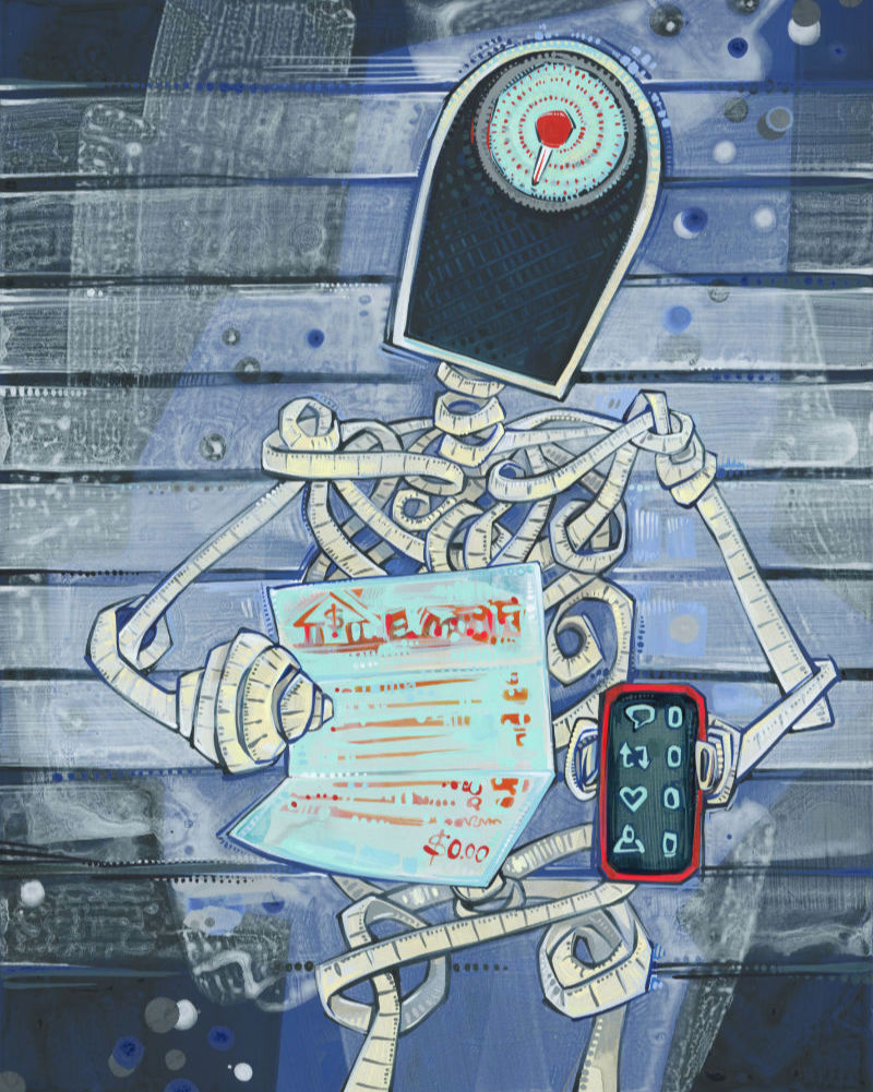 personnage composé d’un ruban à mesurer avec une balance pour un visage, tenant un relevé bancaire et un portable avec des zéros sur les réseaux sociaux, art surréaliste par Gwenn Seemel