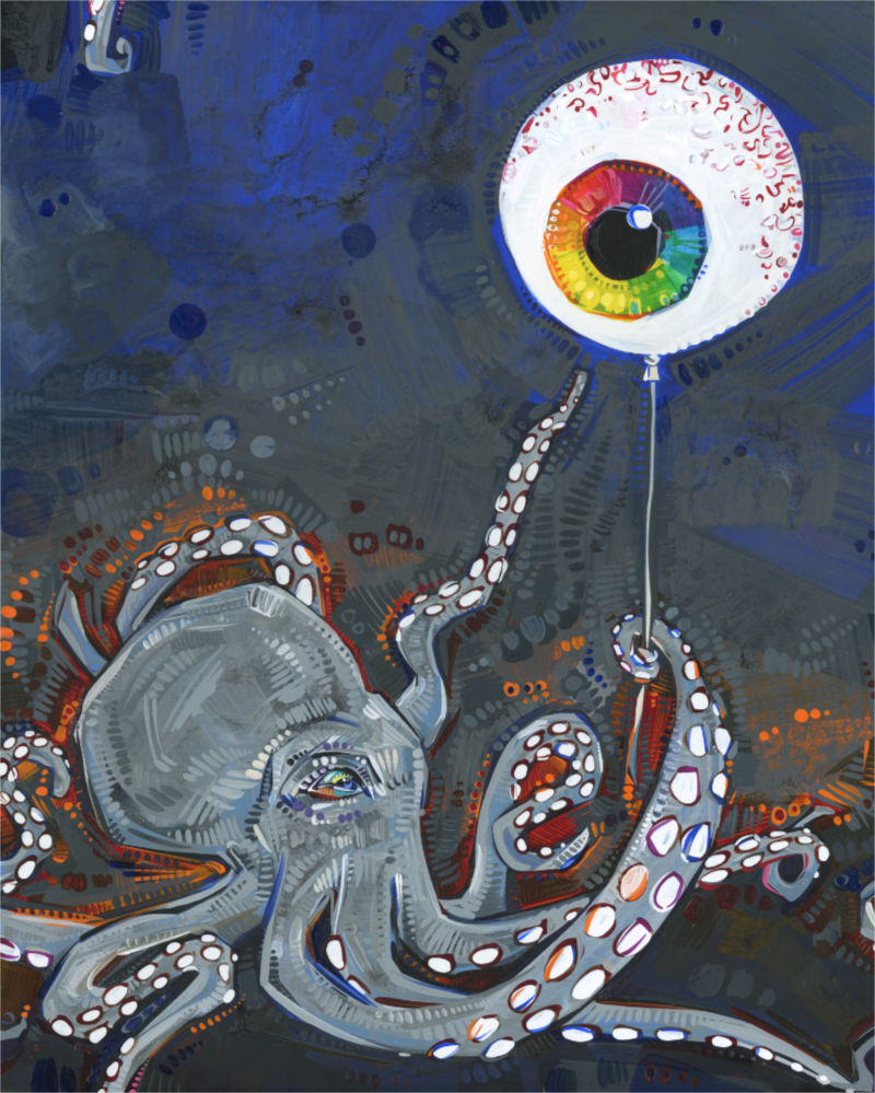 grey octopus, holding a rainbow eyeball balloon, surrealist art about an unstable self-image
