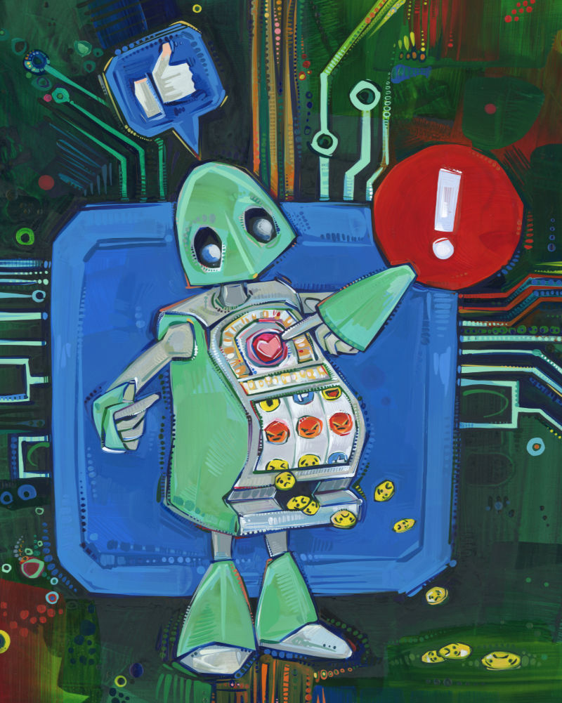 slot machine that plays with your emotions, acrylic painting representing social media
