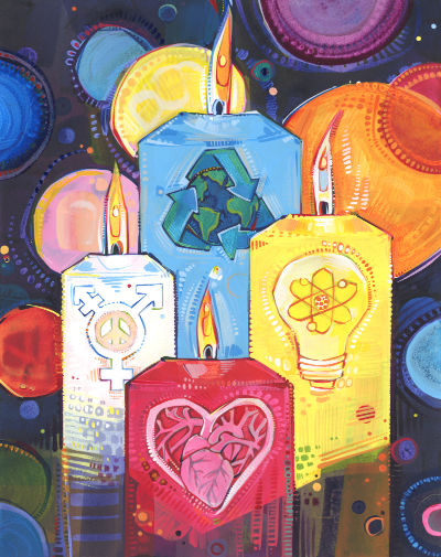 HumanLight candles by humanist artist Gwenn Seemel: trans symbol and peace sign on a white candle, recycle earth on a blue candle, heart in a heart on a red candle, atom symbol in a light bulb on a yellow candle